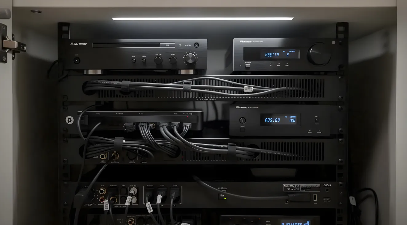 Professional AV equipment rack with receiver and amplifier