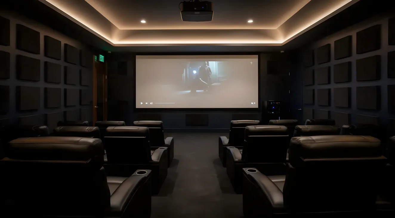 Modern home theater room with recliner seating and projection screen