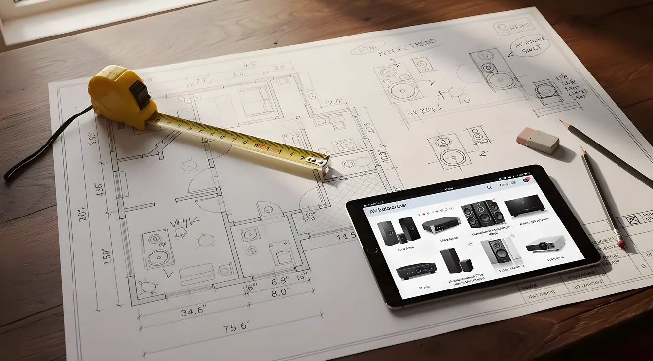 Home theater planning with blueprints and measurements