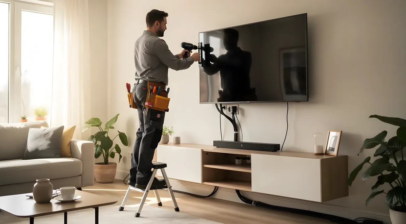 Professional AV installer mounting a TV in a residential home