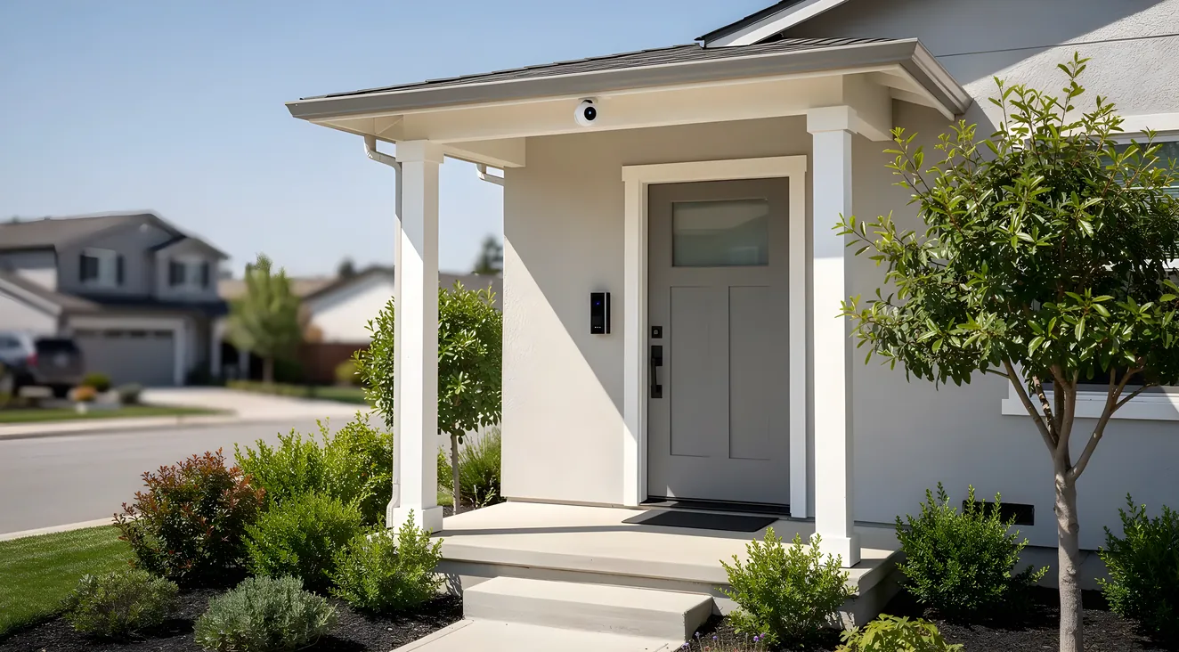 Home security camera and video doorbell on front porch